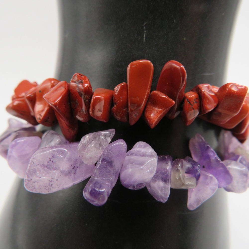 Natural Amethyst and Red Jasper Chip Stretch Bracelet Set 2pc Purple Red Stone